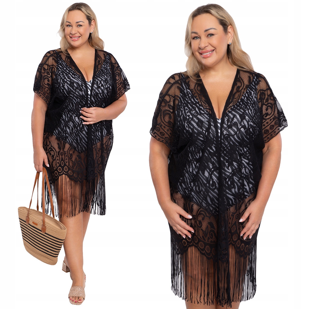 Černé ažurové pončo s třásněmi 46-56