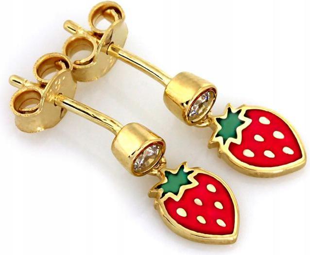 Náušnice zlaté 585, závěsné na tyčku, se smaltovanou jahodou jako dárek 14k