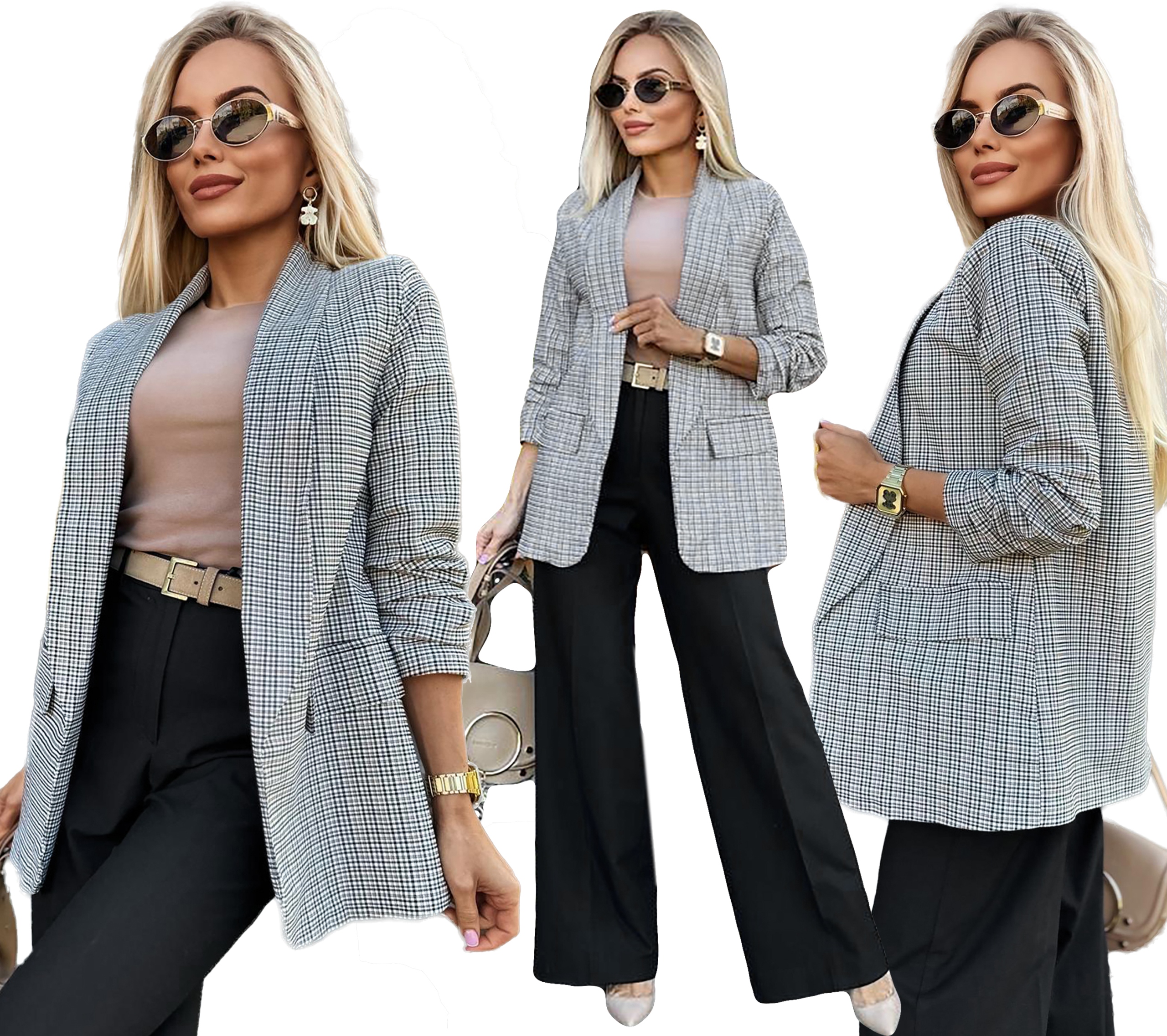 Elegantní Sako dámské Blejzr řasené rukávy módní stylové kostkované L