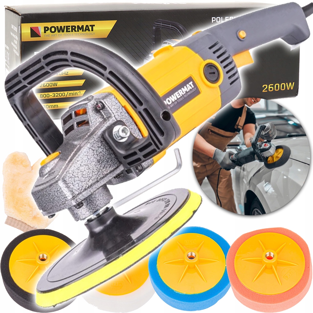 POLERKA SAMOCHODOWA DO LAKIERU SZLIFIERKA 2600W 4X GĄBKA FILC + RĘKAWICA