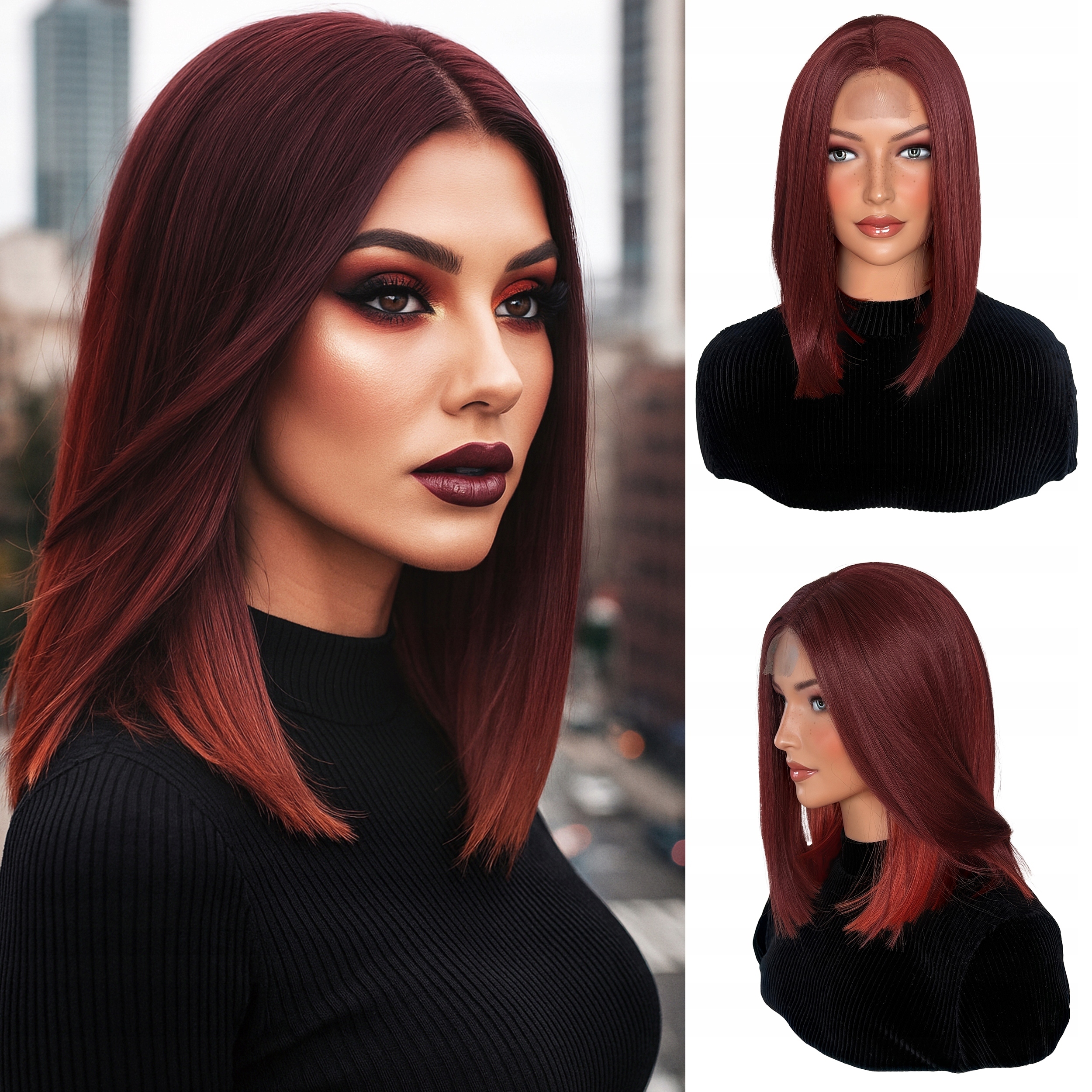 Peruka Syntetyczna Włosy Sztuczne Bob Ruda Kolorowa Krótka Fryzura 35cm