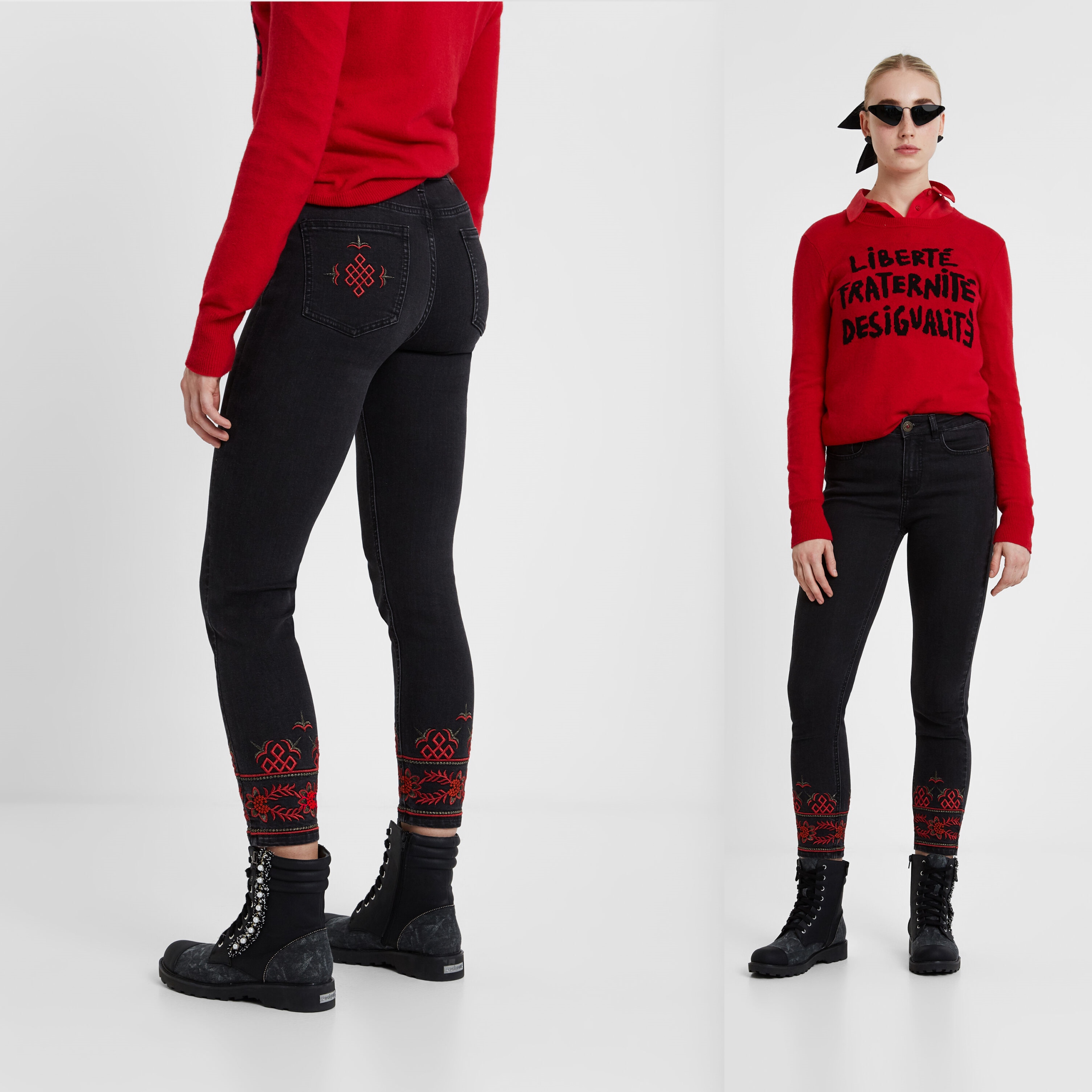 

Desigual Jeansy damskie zdobione haftami czarne 24