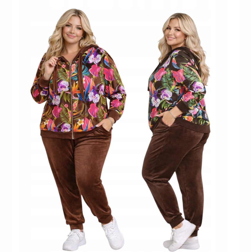 Velurový Teplákovka Dámský Rozepínací Květ 50 52 5xl 6xl čokoládový pohodlný obal