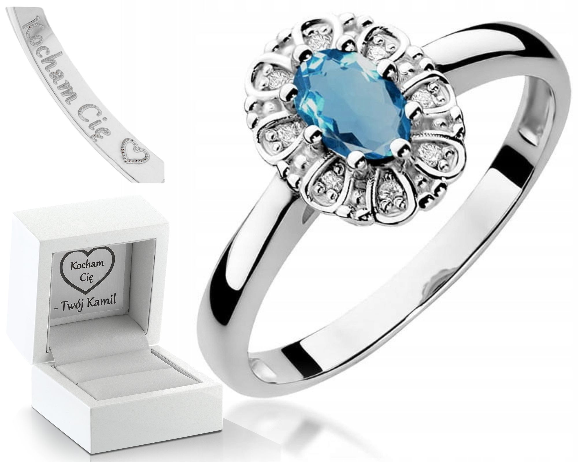 Zásnubní Prstýnek S Topazem London Blue Bílé Zlato Gravírování 585
