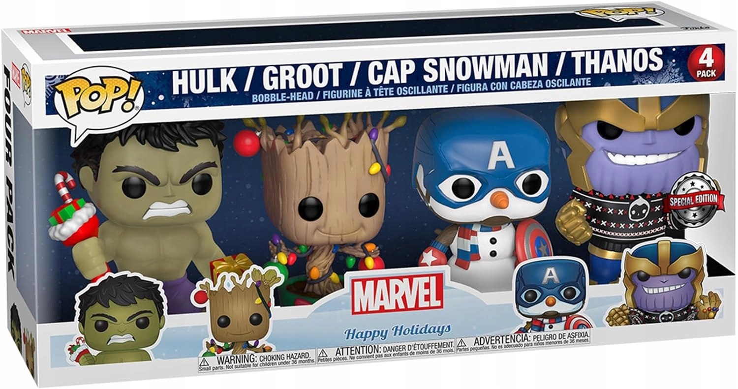 Funko Pop! Marvel Happy Holidays Hulk Groot Cap Thanos 4balení Se
