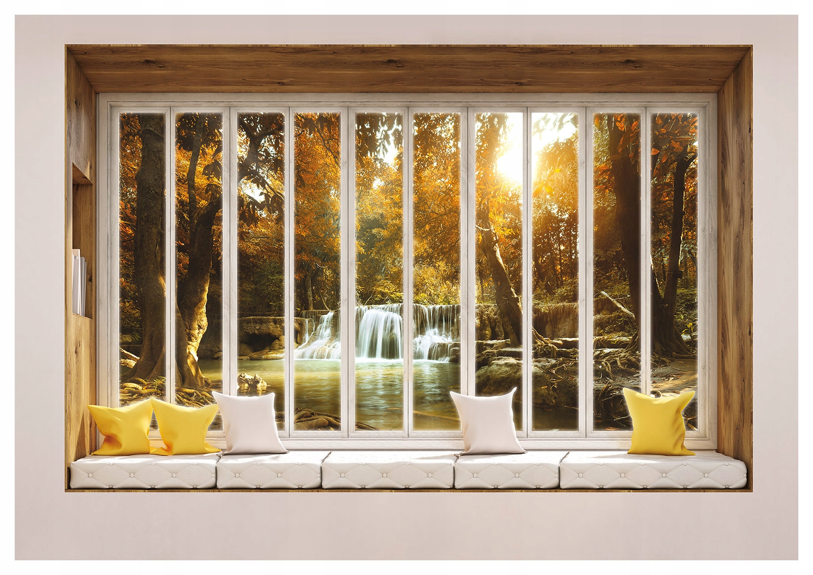 Vliesová fototapeta Okno do podzimního lesa Vodopád Relax 520x318 lepidlo