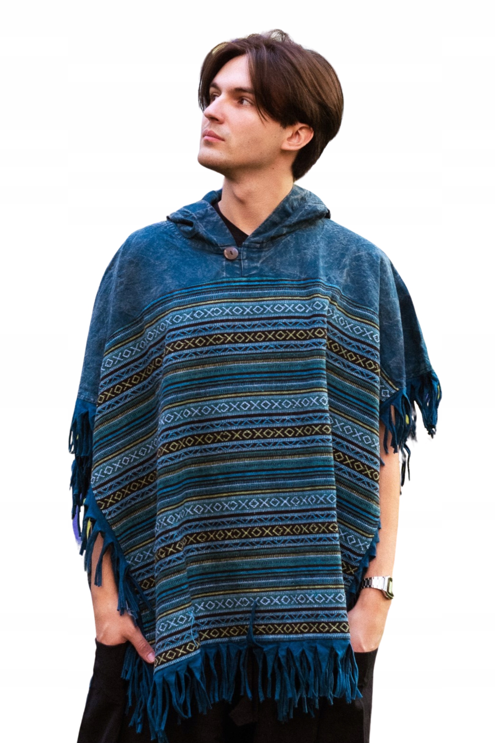 Modré pruhované pončo z bavlny gheri etno pončo mikina