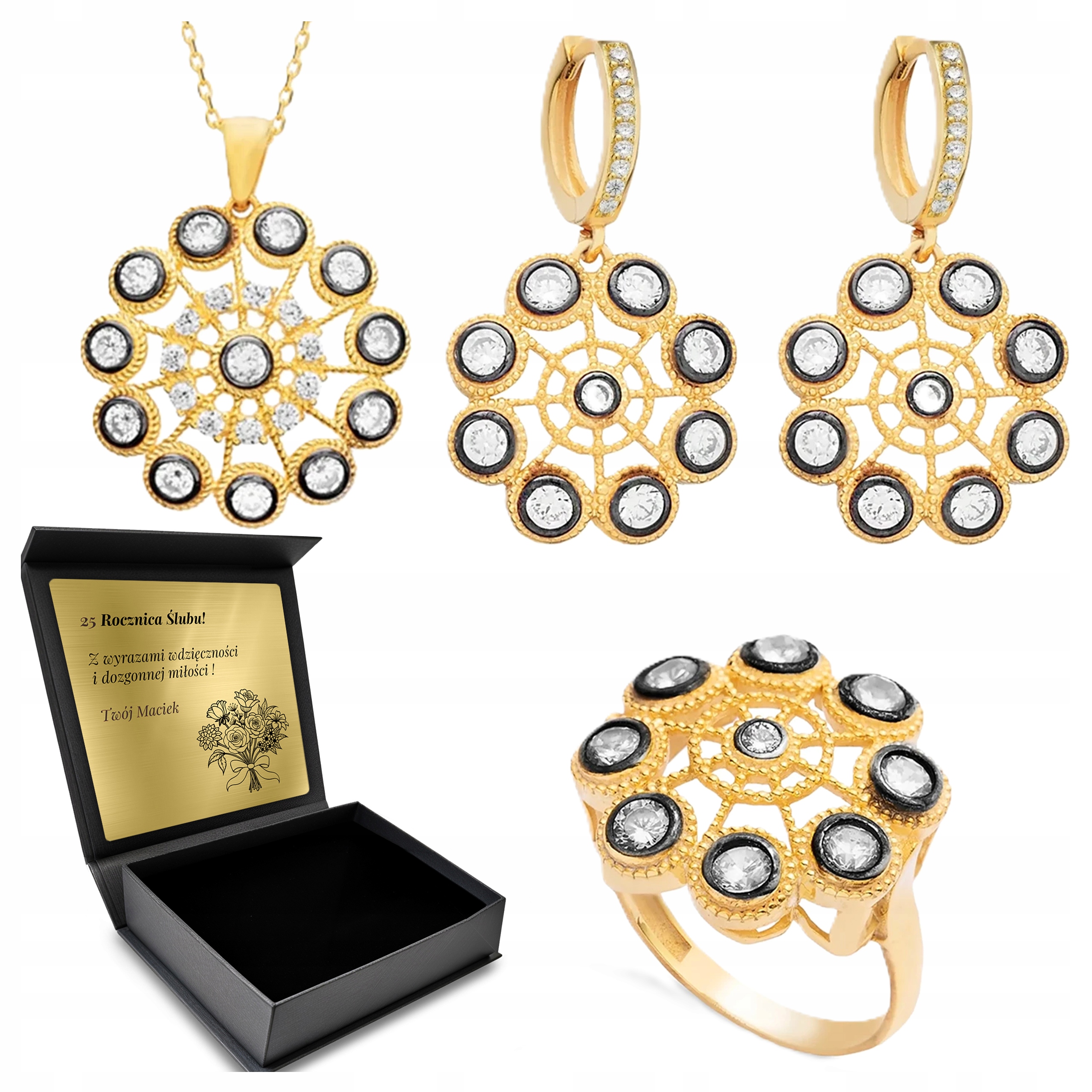 Sada Šperků Stříbrná Zlatá Se Zirkony Biuteria pro ženy Gravírování