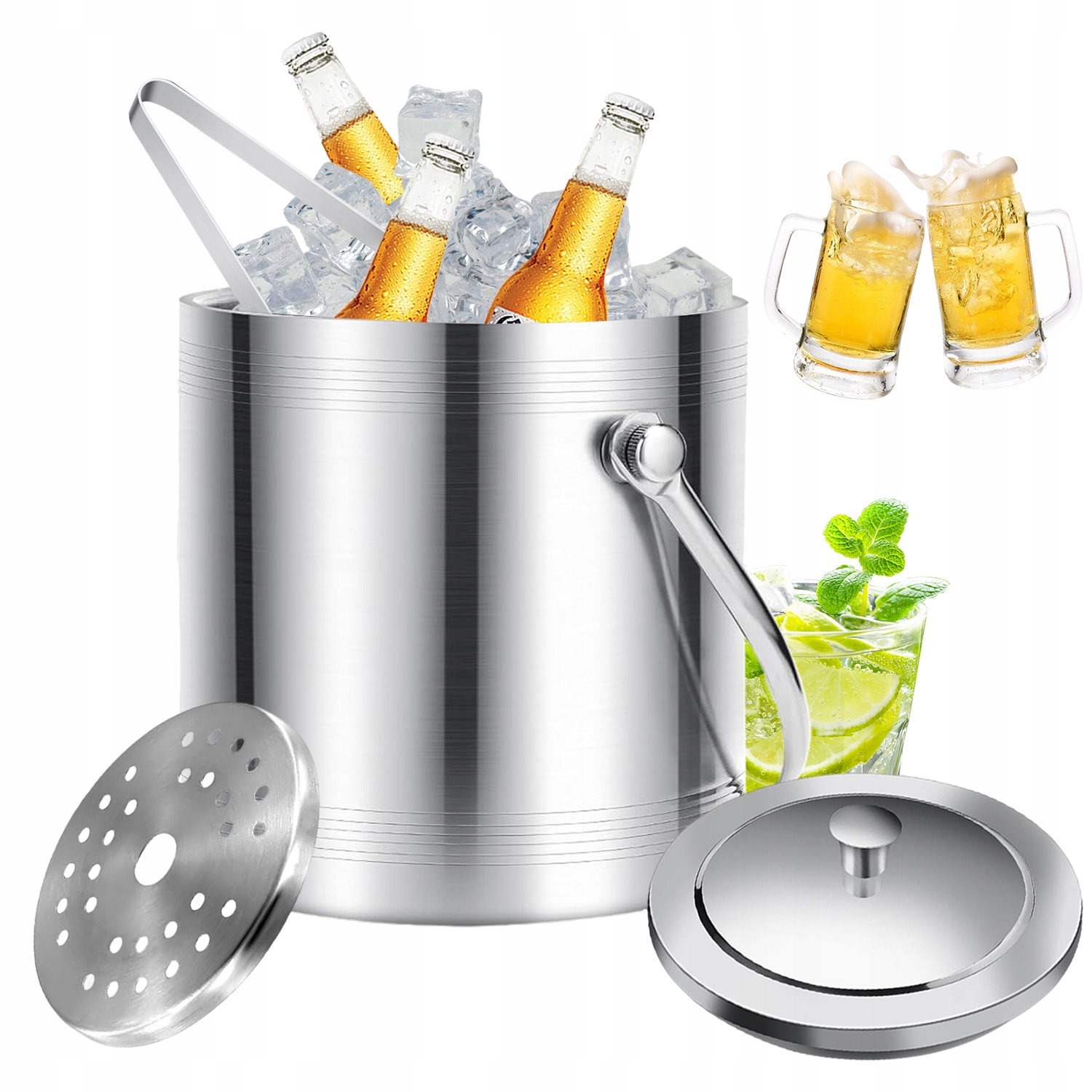 Kbelík na led 2L z nerezové oceli s dvojitou stěnou a kleštěmi