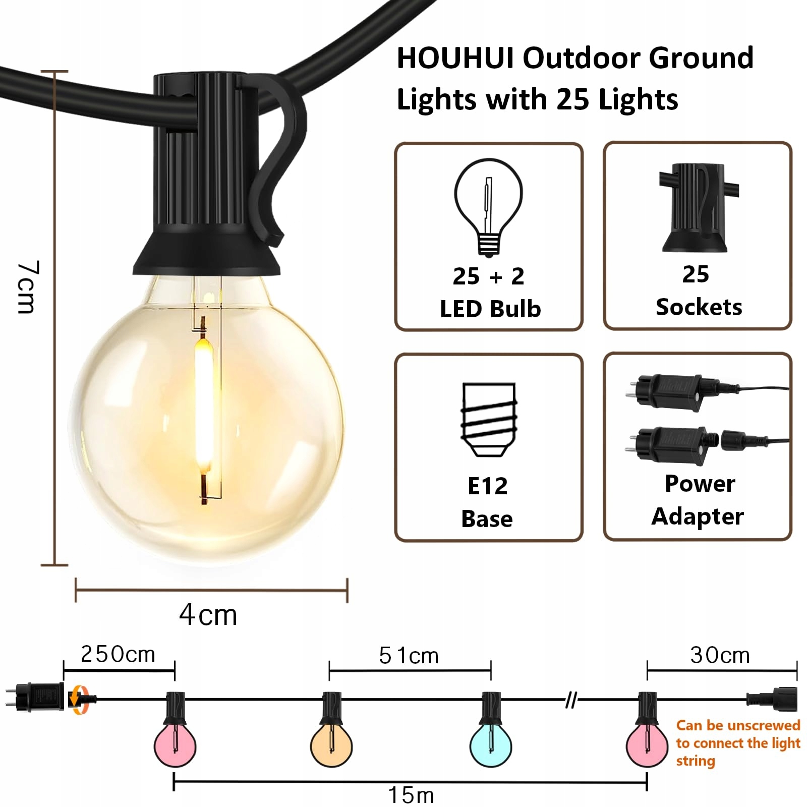 HOUHUI Zmieniające Kolor Światełka Zewnętrzne 15m 8 Trybów LED — miniatura 5