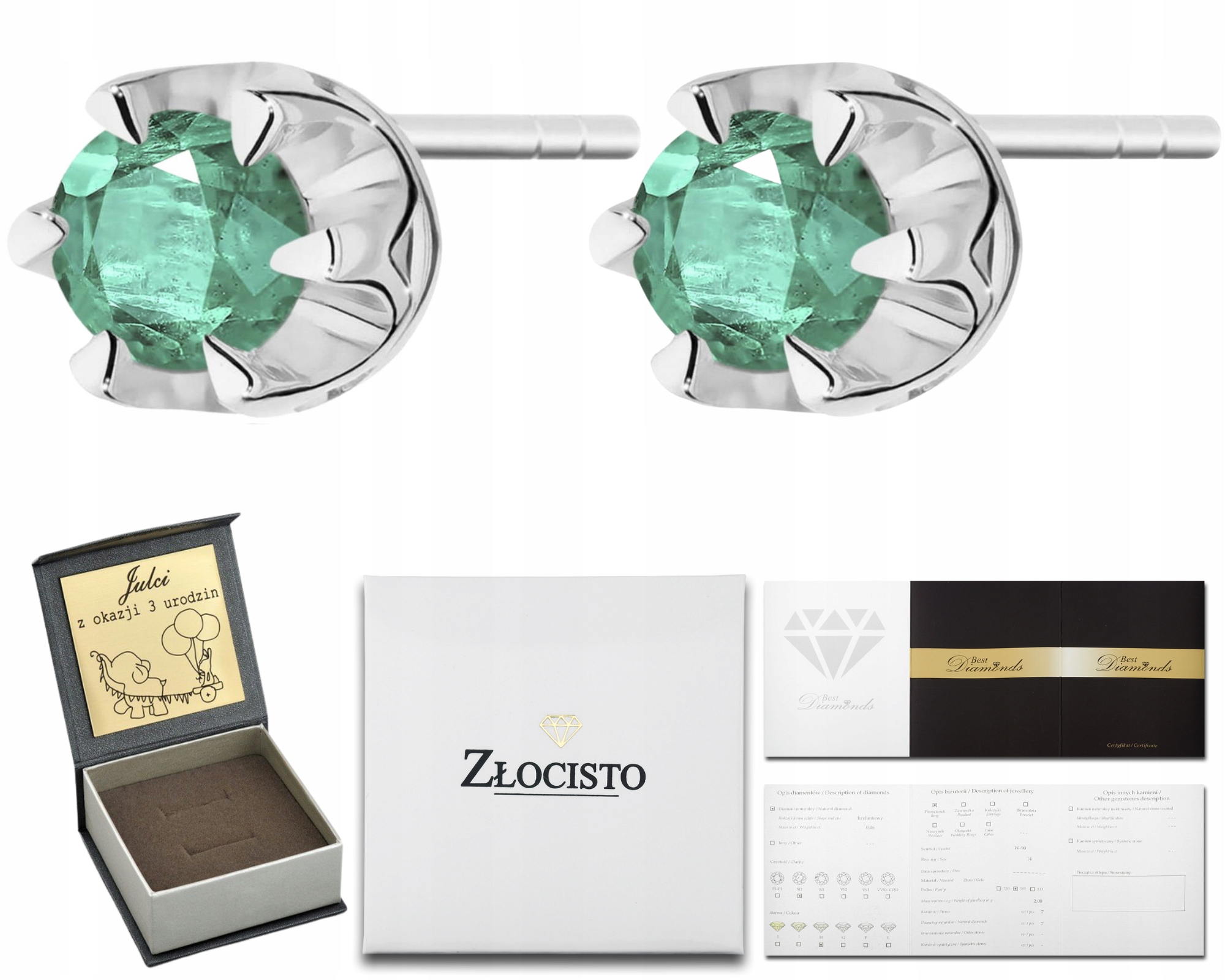 Bílé Zlaté Náušnice S Brilianty A Zelenými Smaragdy, Tyčinka 585