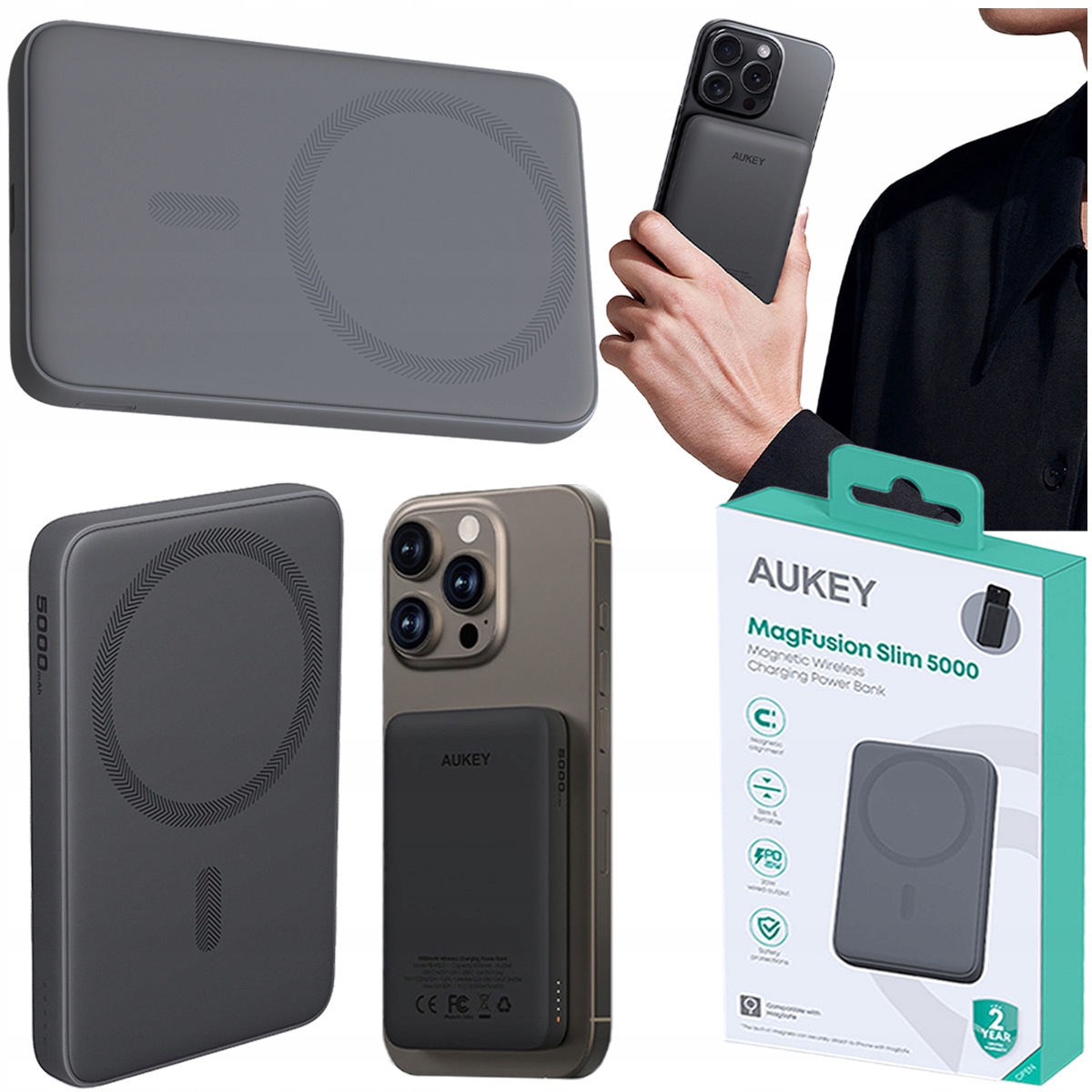 Powerbanka 5000 mAh Aukey MagFusion PB-MS03 Usb-c MagSafe 20 W bezdrátová