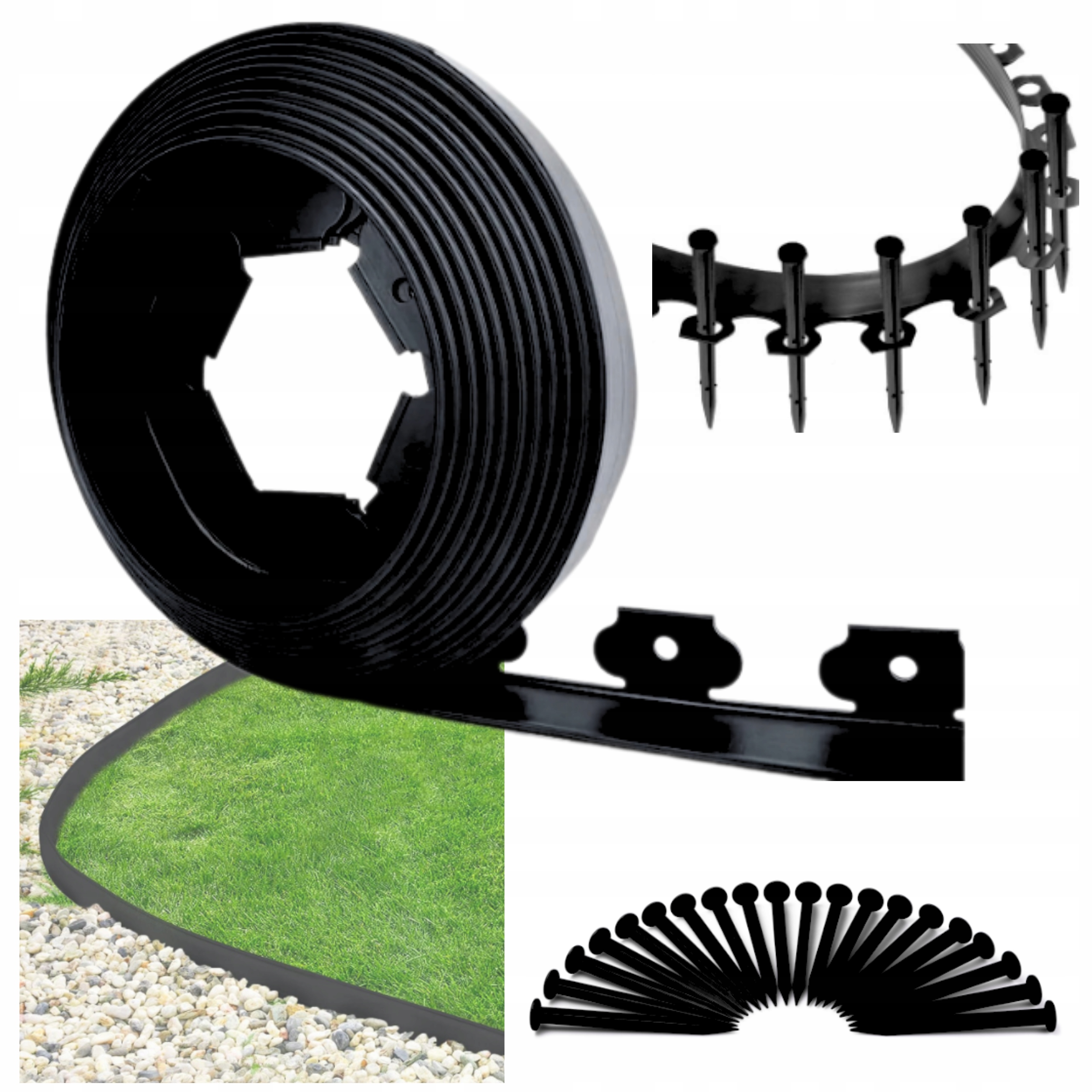 Obrzeże Ogrodowe Trawnikowe Czarne Elastyczne 4cm 10m Szpilki Zestaw