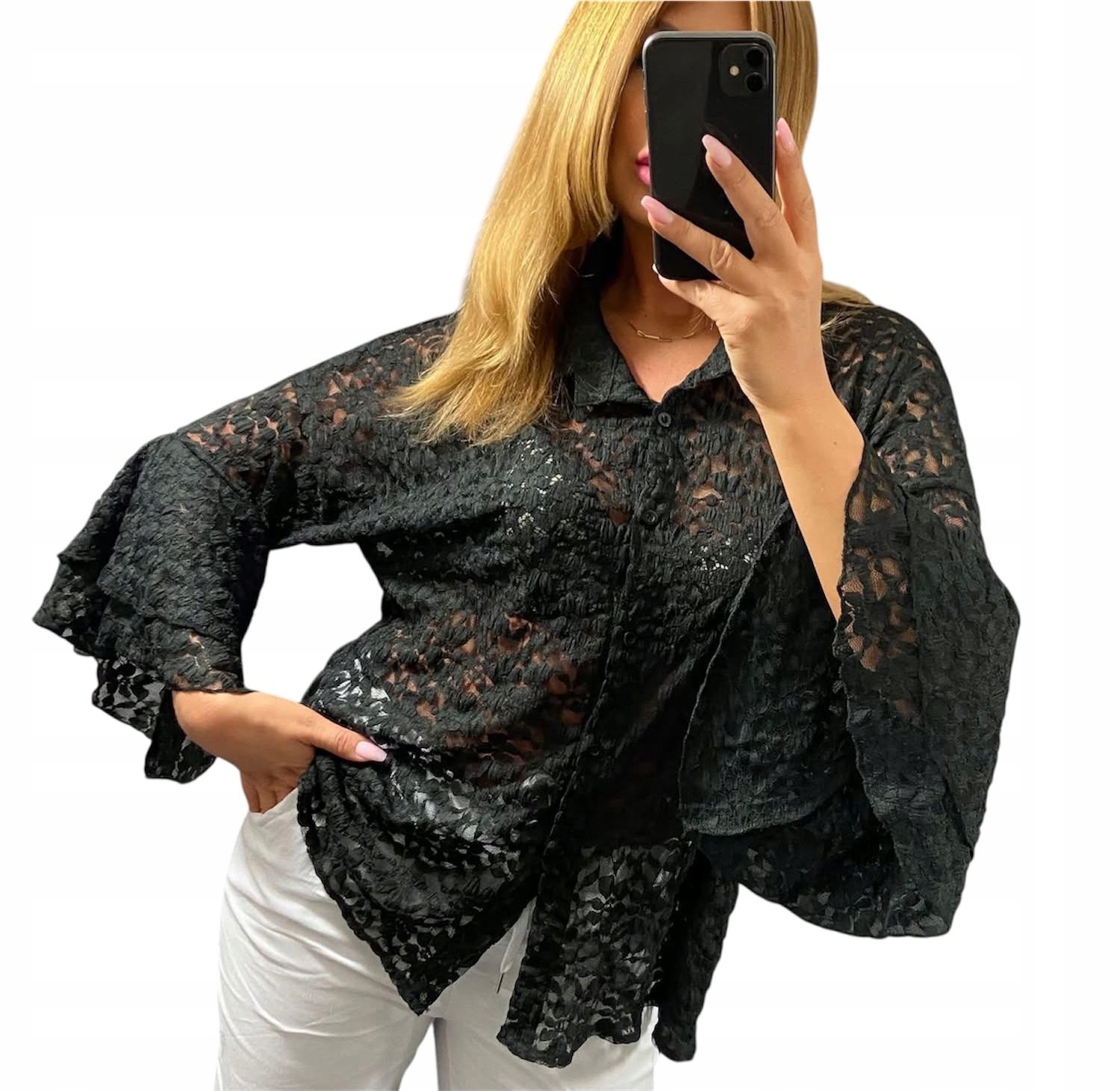 U216 Krajková Košile Se Španělským Rukávem, Černá vel. 44 (2XL)