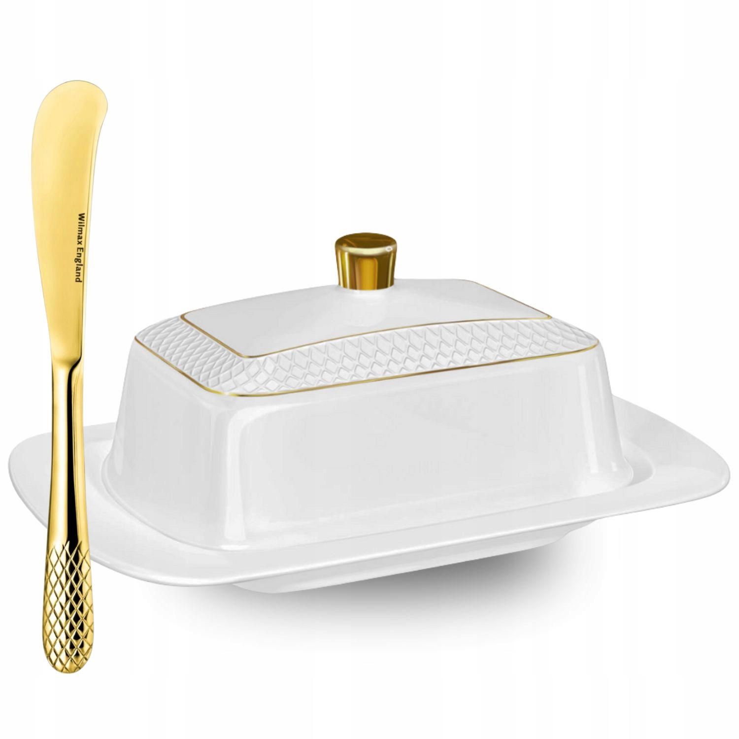 Sada Bílá porcelánová máslenka, Nůž na máslo, Zlatá, máslenka Wilmax