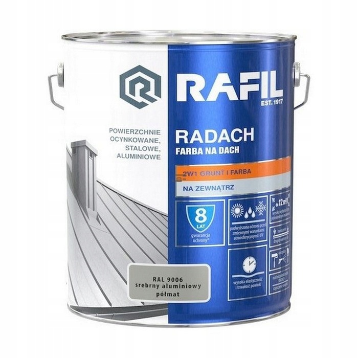Radach 10L Srebrny Aluminiowy RAL9006 Półmat farba na dach Rafil ocynk stal