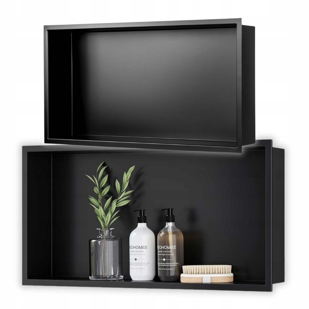 Výklenková police 60x30x10 cm černá matná pod sprchu s nerezovým límcem