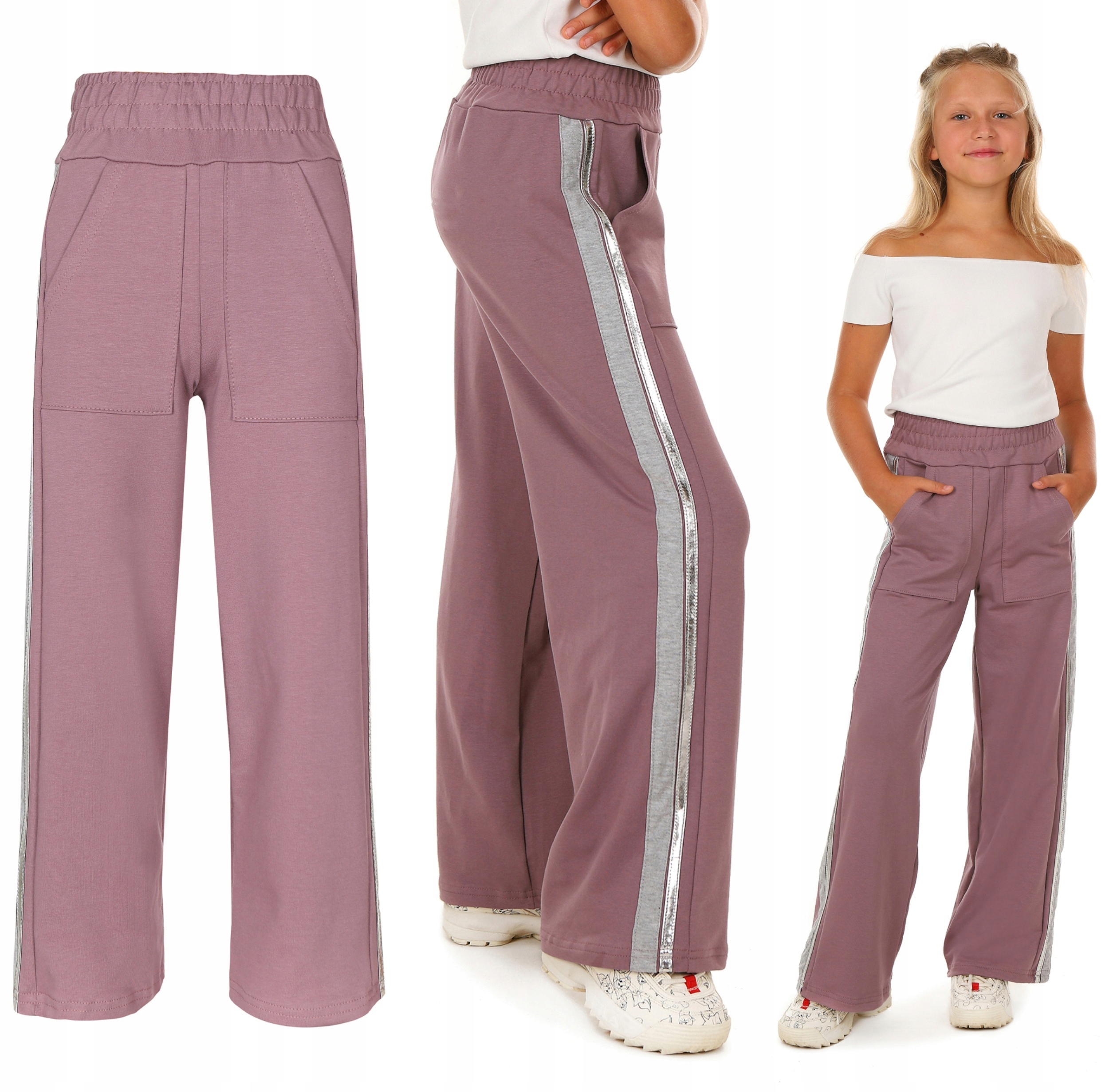 Szerokie spodnie dresowe WIDE LEG Lampas roz.164 fiolet Produkt PL