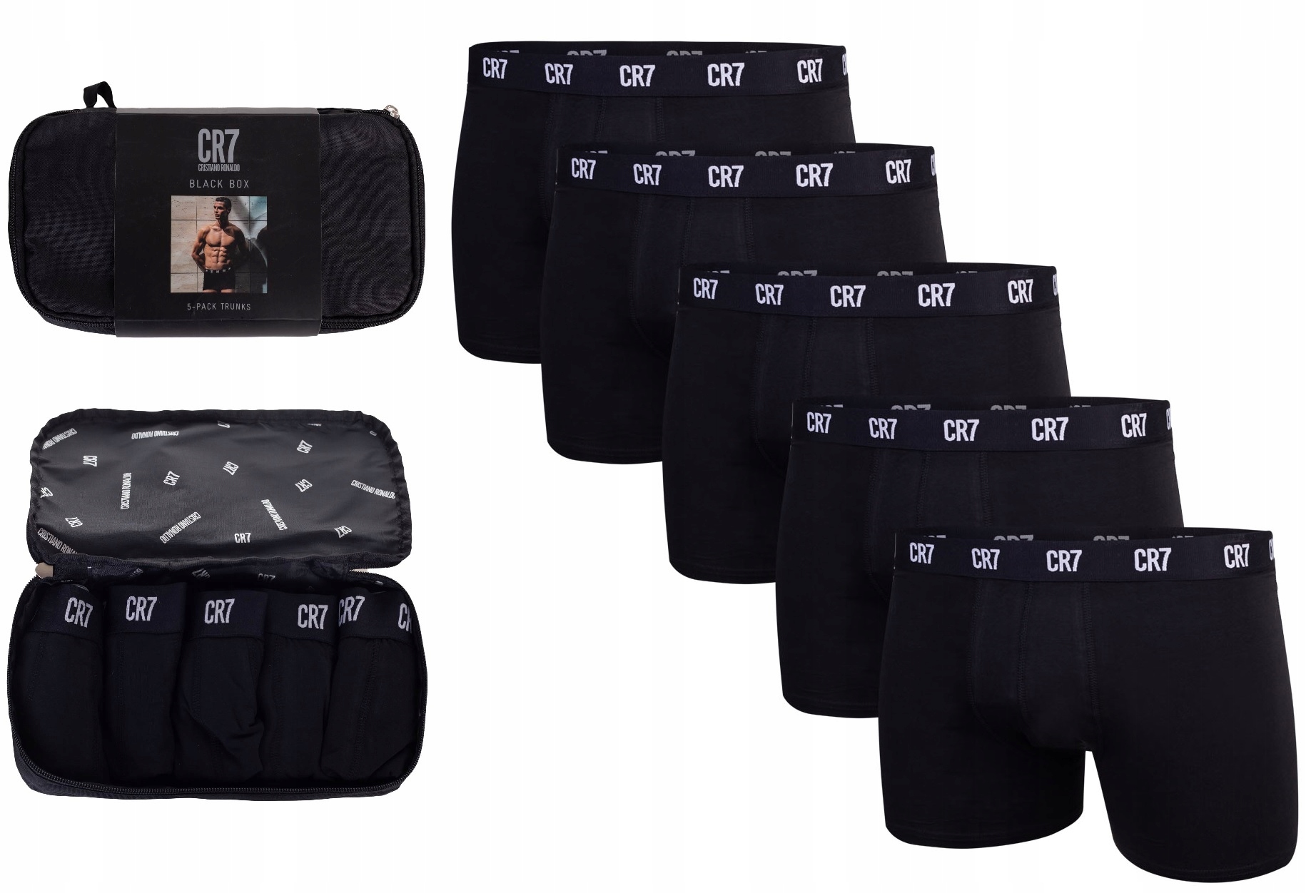 CR7 Bokserki Męskie Majtki Trunk 5 Pak Giftbox Czarne r.M