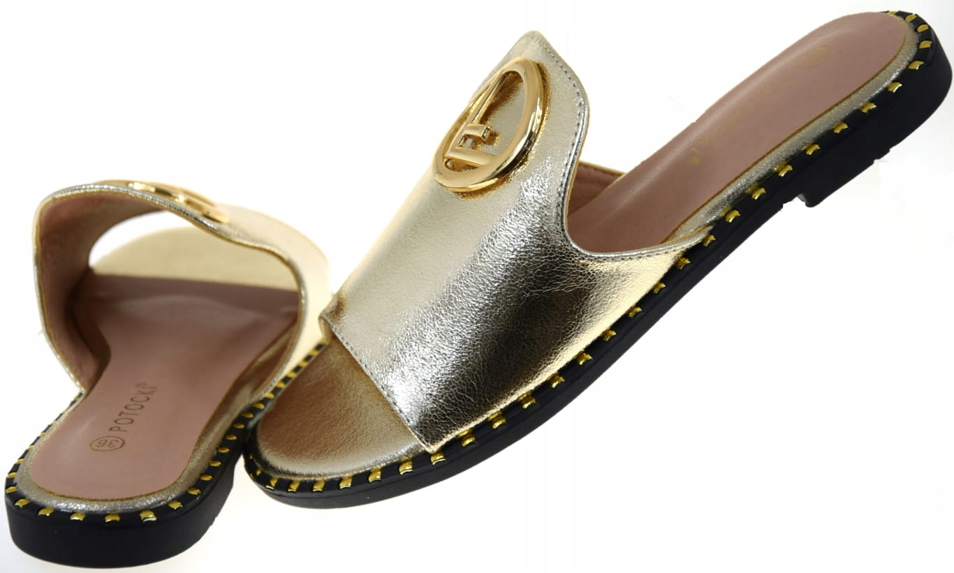 KLAPKI DAMSKIE POTOCKI 24-21336GD ZŁOTE EKO-SKÓRA PŁASKI OBCAS HIT LATA R37 Rozmiar 37