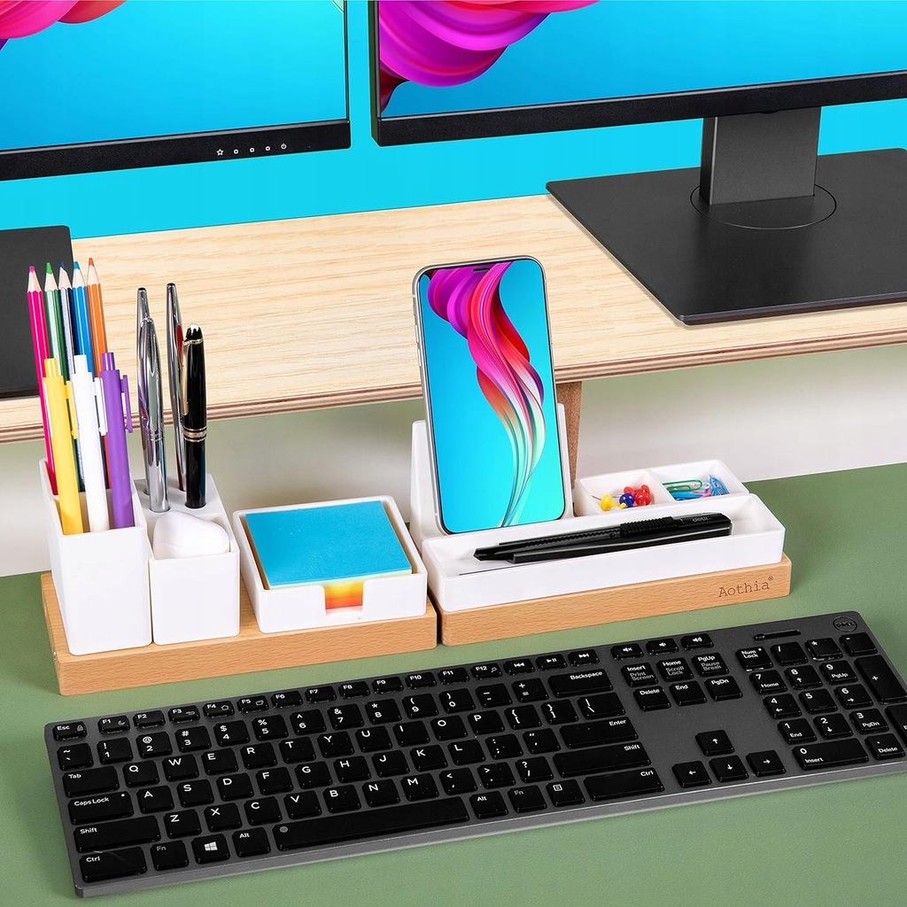 AOTHIA Organizer Biurkowy Drewniany Regulowany Czarny Stojak Na Telefon — miniatura 10