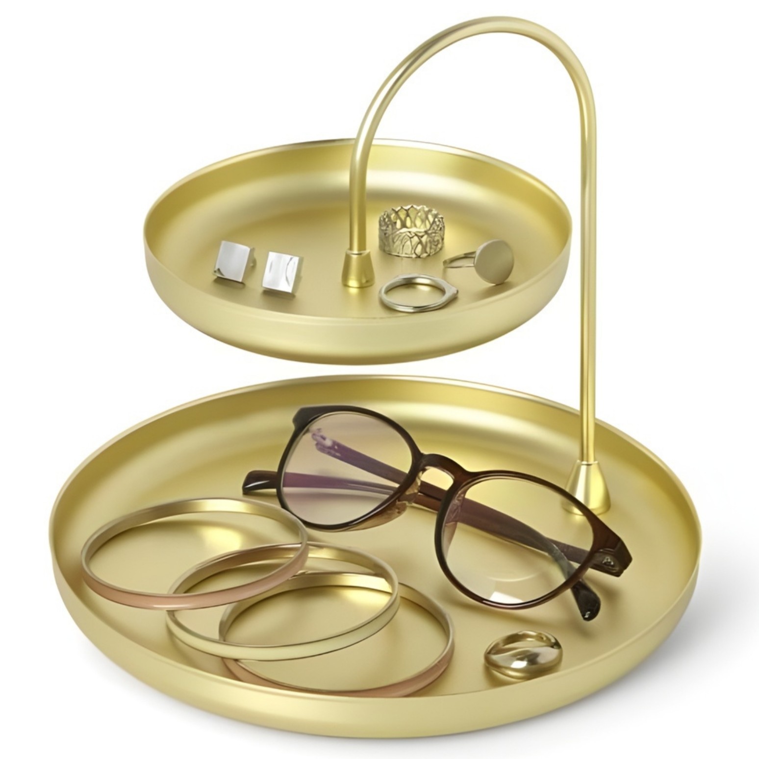 Organizér, zlatý věšák na šperky, dvouúrovňový podnos na toaletní stolek Poise