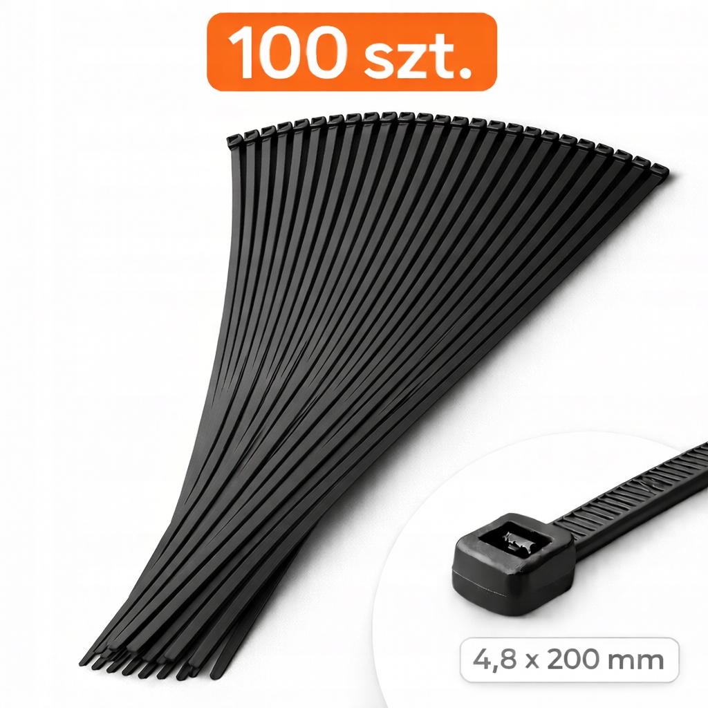 Opaska zaciskowa kablowa 4,8×200 mm czarna – nylon Pa samozaciskowa.