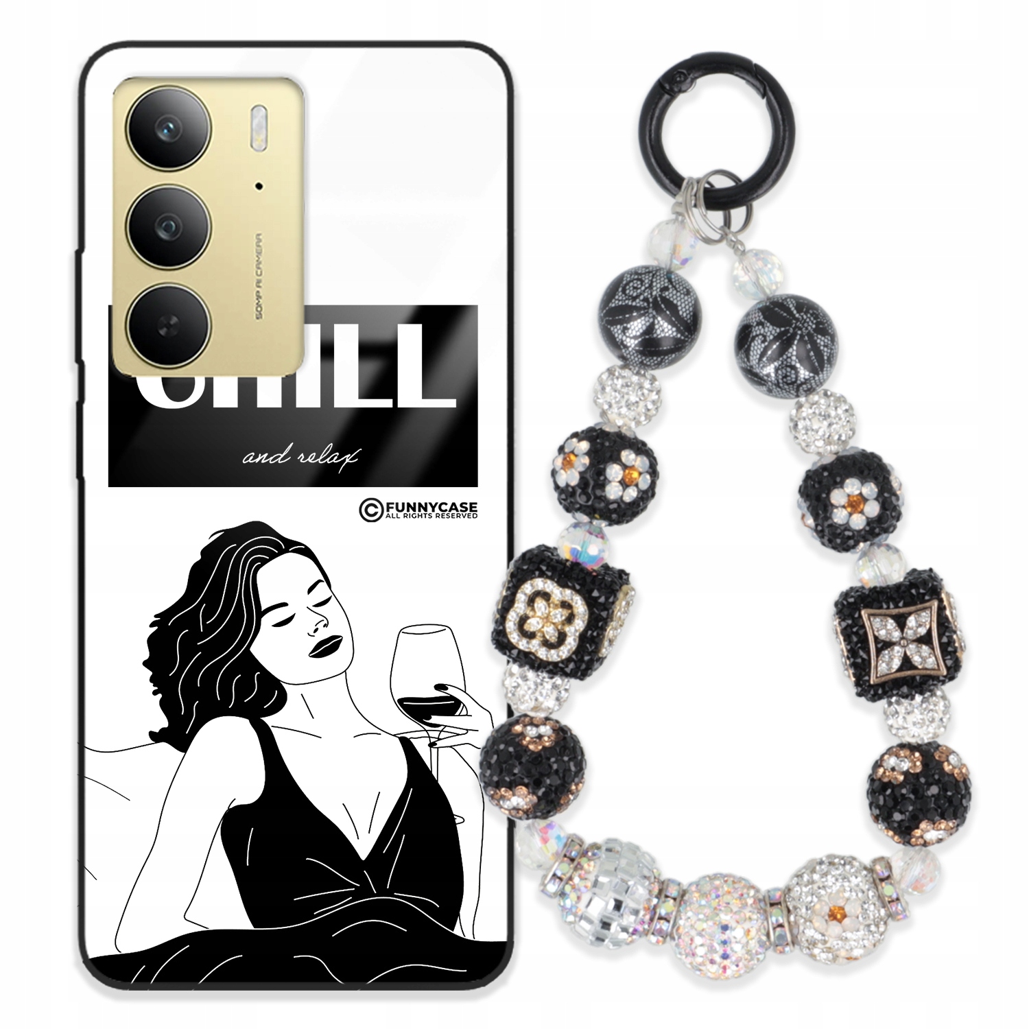 Puzdro Pre Realme C75 Glass Ženské Čierno-biele Kľúčenka Strieborné Zirkóny