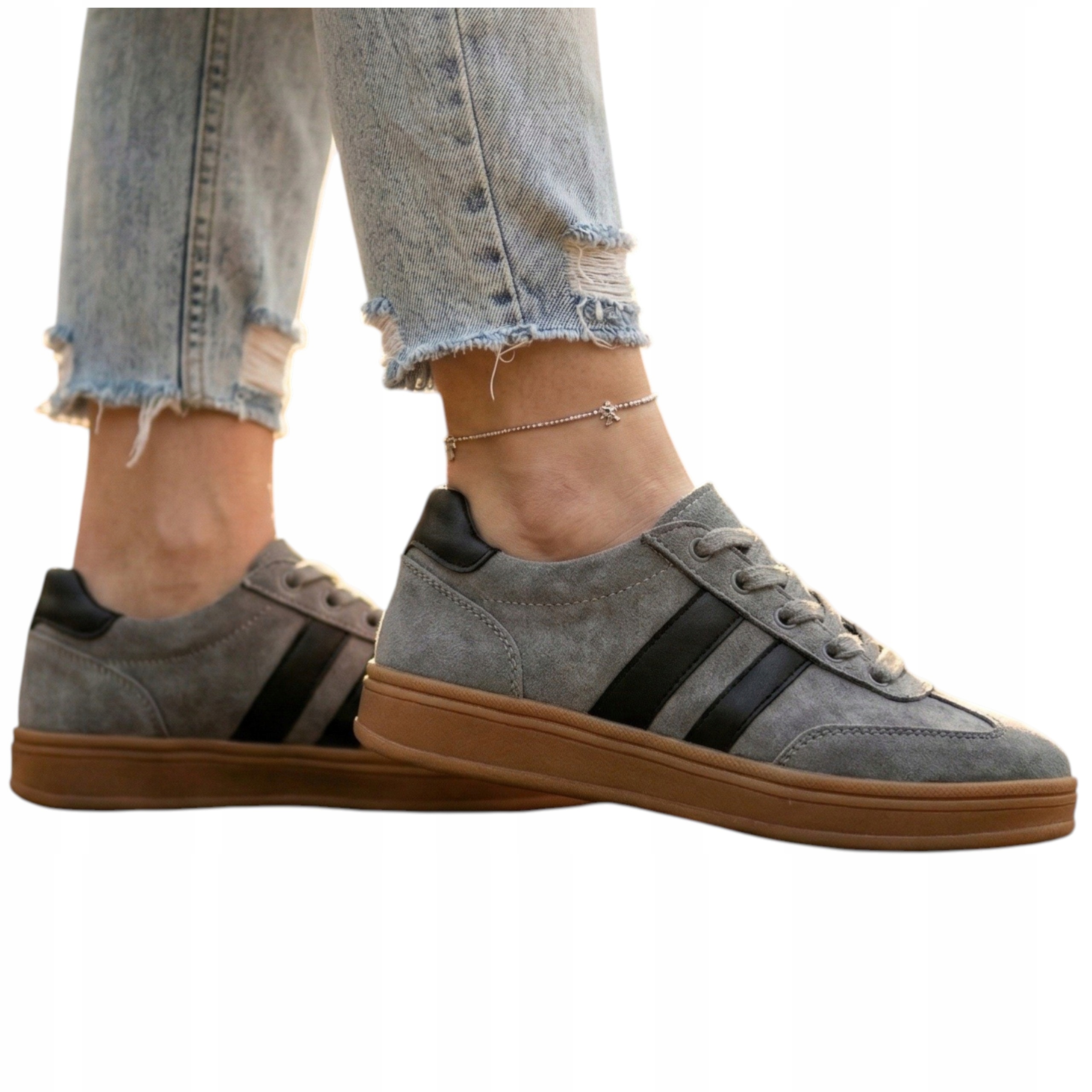 Buty Damskie Skórzane Sportowe Modne Sneakersy Stylowe Szare Skóra 39