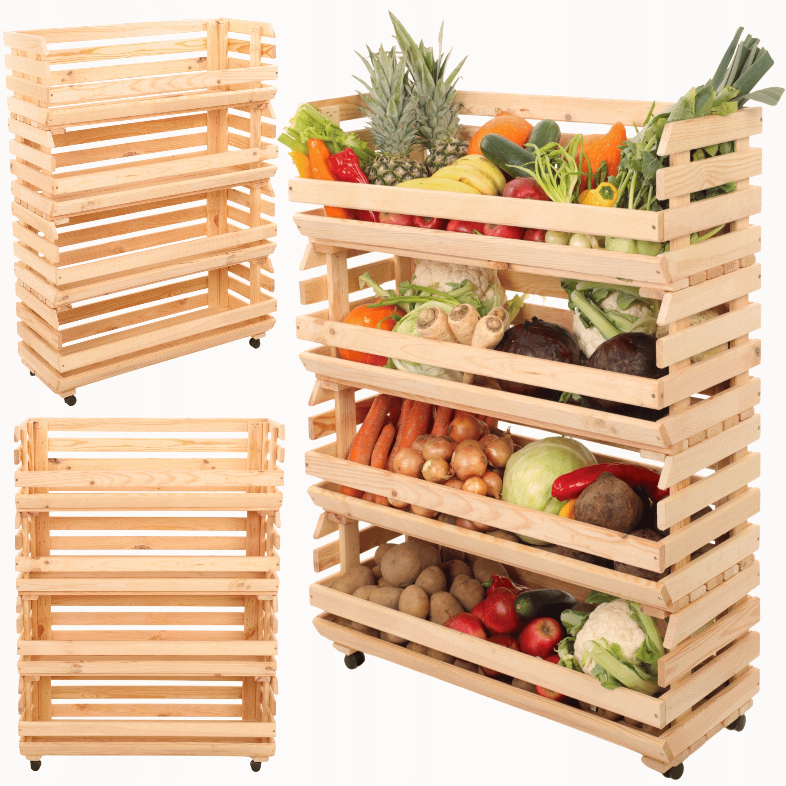 Regál na zeleninu, drevený stojan, boxy na kolieskach, 4 boxy, 106x80x30