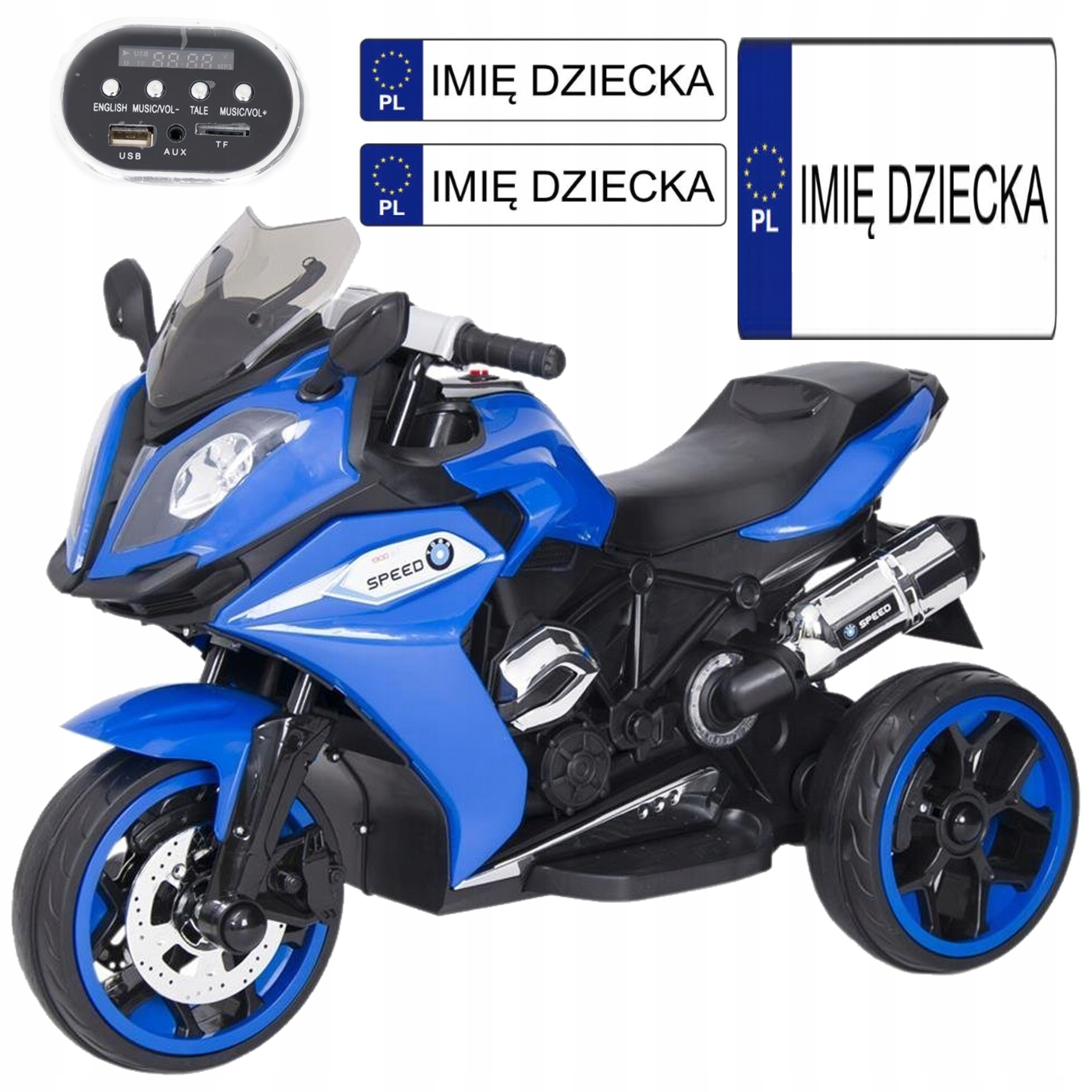 Motor motorek trójkołowy na aku mp3 guma 2x35W mp3 Led dźwięki Tablice