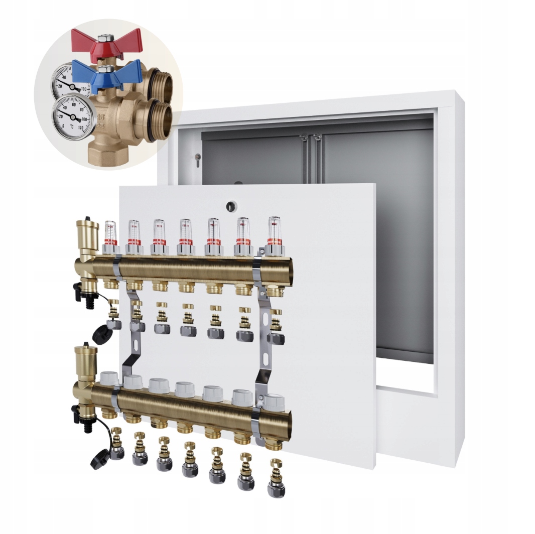 Rozdělovač podlahového vytápění 7 Skříňka na omítku+PEX+ÚHLOVÝ Kulový Ventil