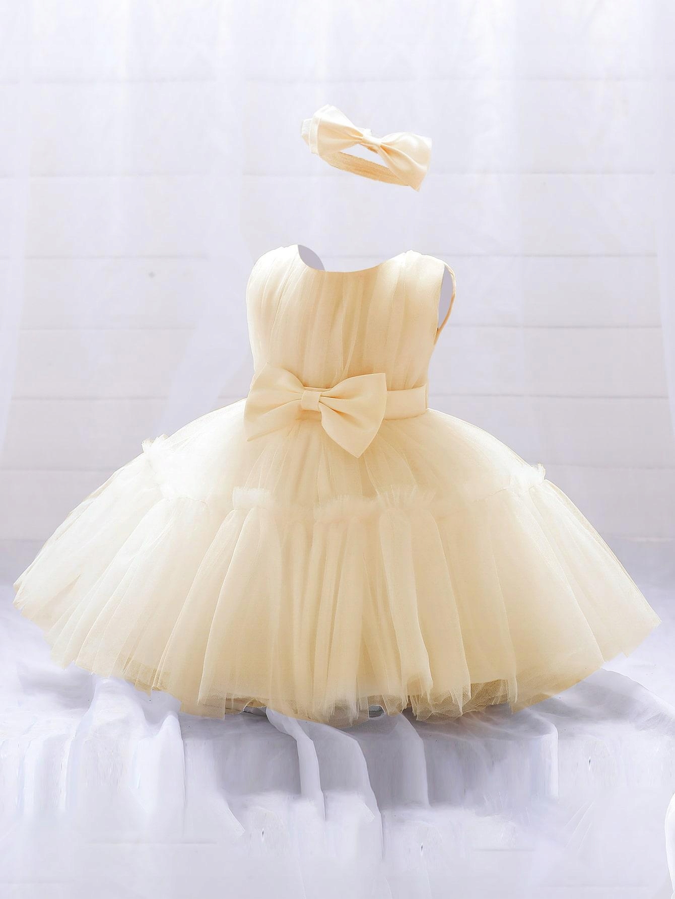 SUKIENKA ŻÓŁTA BOMBKA TIULOWA WIĄZANY PASEK OPASKA NA GŁOWĘ SHEIN 120 Rozmiar 122