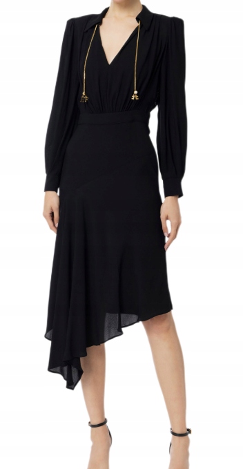 Elisabetta Franchi Černá Šaty MIDI S Asymetrickým Spodním Dílem 42 2DD