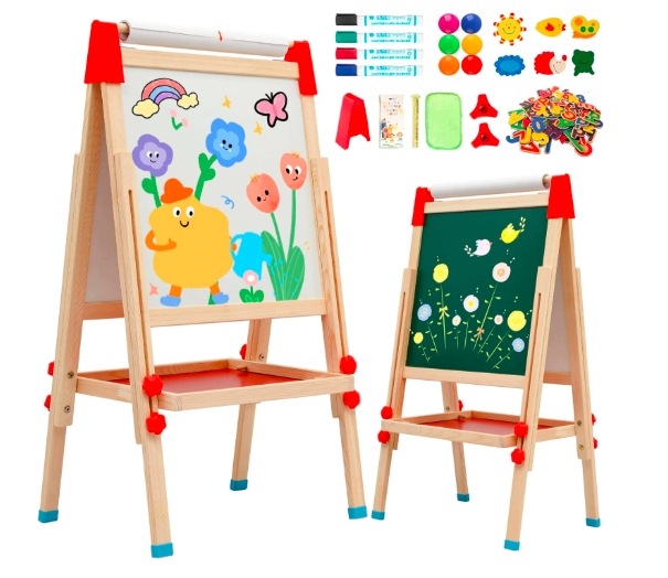 Stojan Pro Děti 3V1 Dřevěná Oboustranná Tabule Nastavitelná 68-114 CM