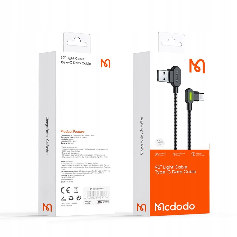 MCDODO KĄTOWY KABEL PRZEWÓD USB DO USB-C SZYBKIE ŁADOWANIE TELEFONU 3 M LED Długość przewodu 3 m