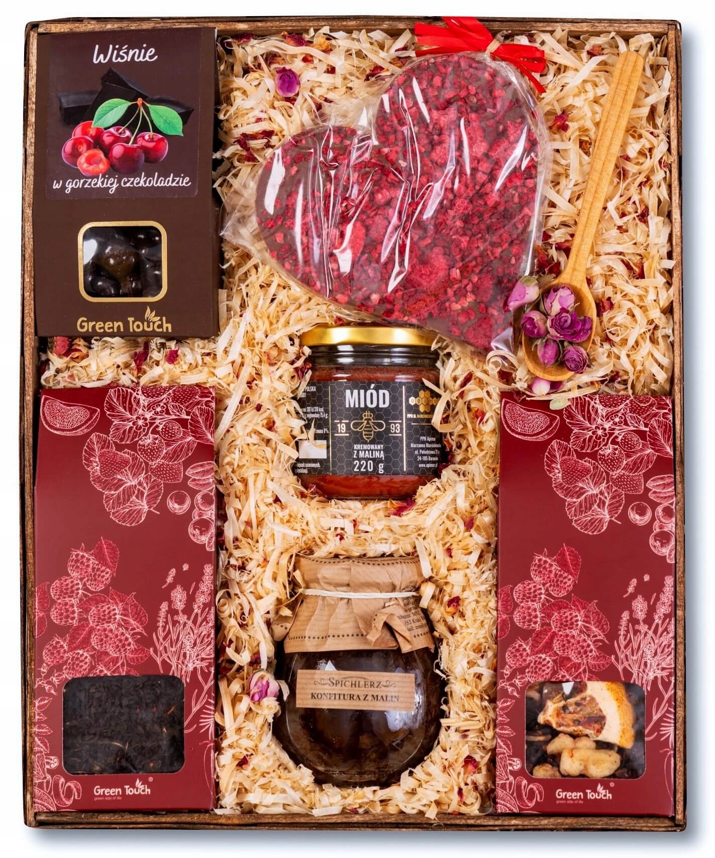 Duży kosz prezentowy zestaw malinowy herbaty miód konfitura czekolada box