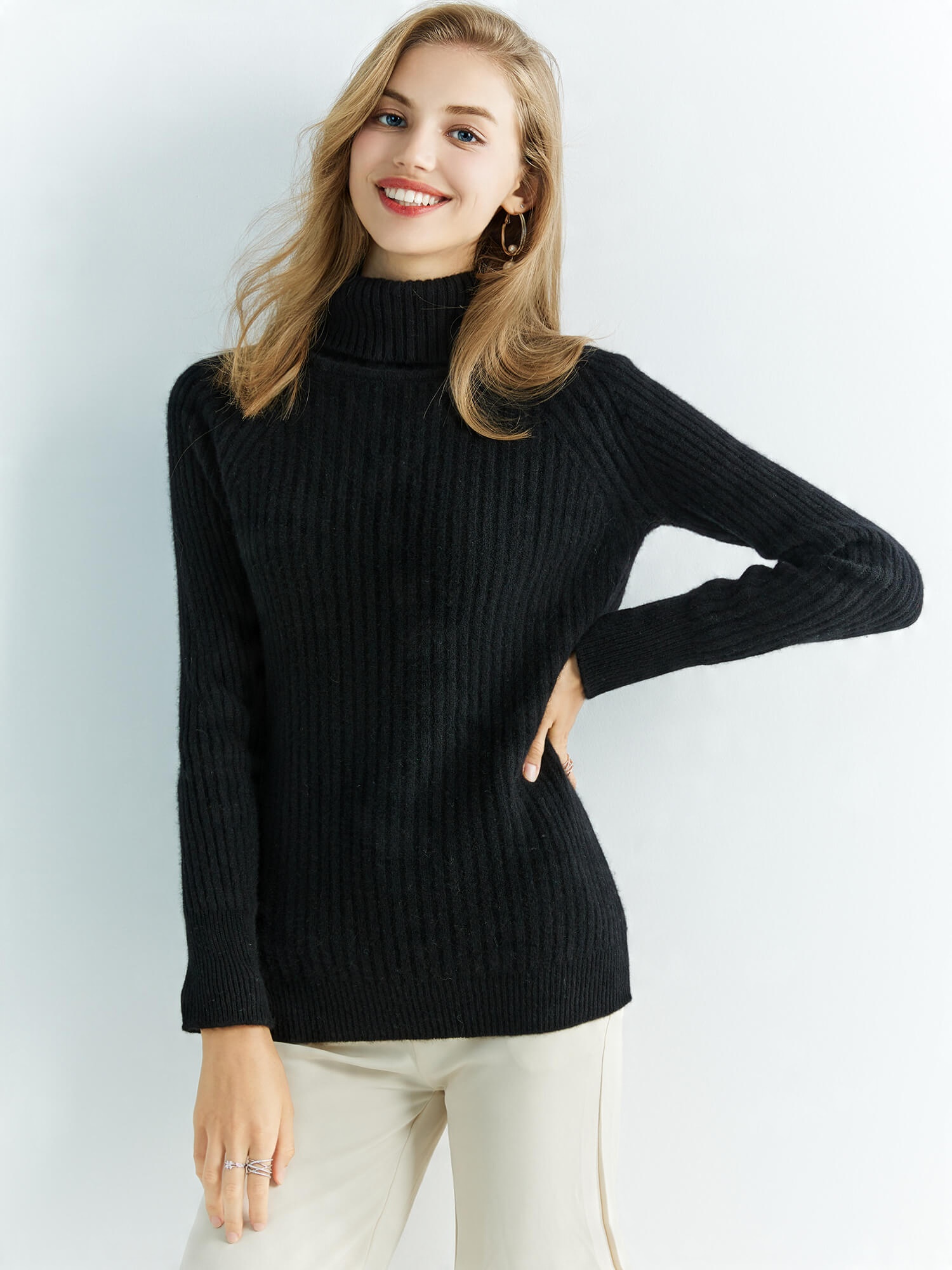 

Sweter Wełniany 100% Wełna Merino Prążki Czarny
