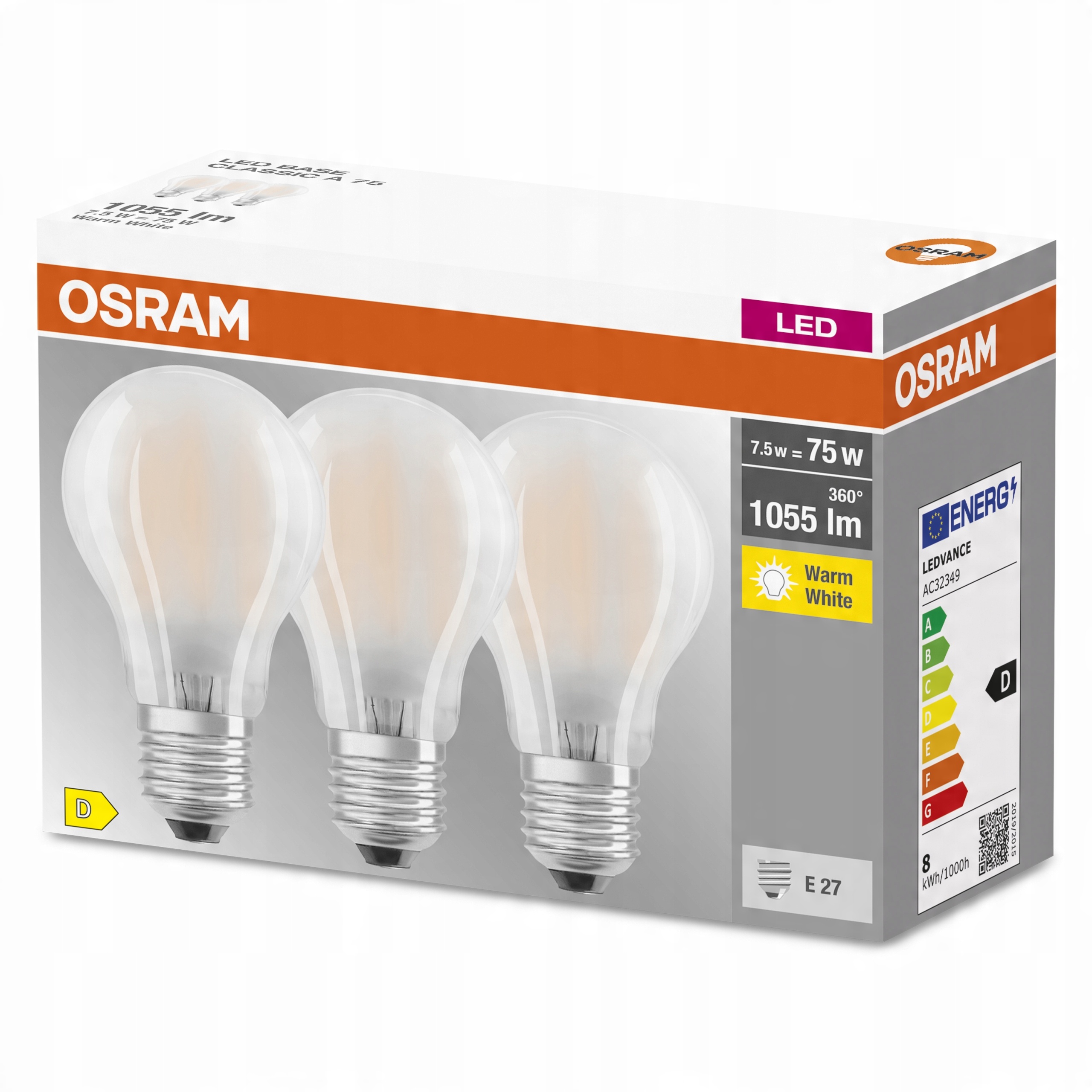 

Osram Filament Led E27 7,5W 75W 1055lm 2700K x3