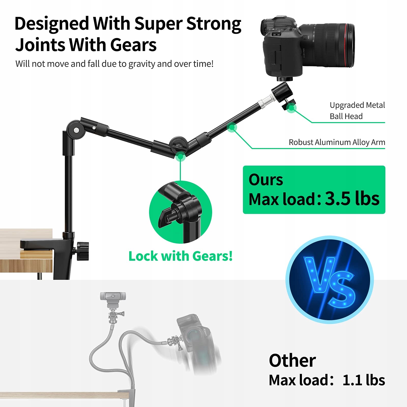 KDD Uchwyt Do Kamery 63cm Z Uchwytami Na Telefon I Mikrofon 360° — miniatura 4