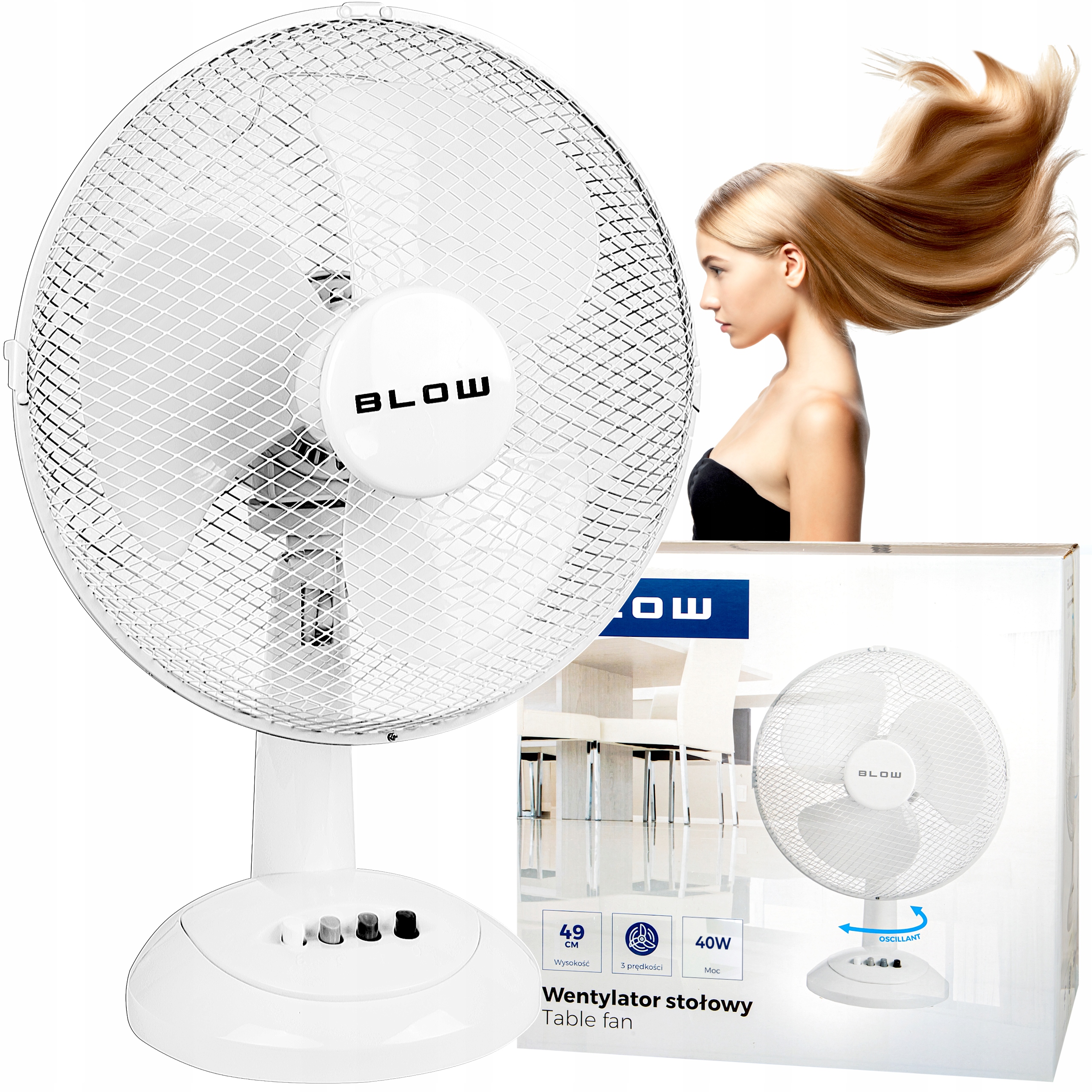 MOCNY WENTYLATOR CICHY WIATRAK BIURKOWY OBROTOWY 3 TRYBY OSCYLACJA 40W
