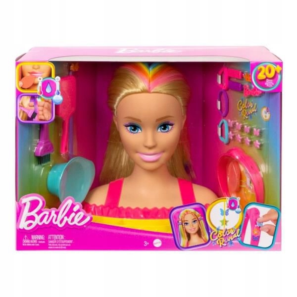 BARBIE HLAVA PRO STYLIZACI NEONOVÁ DUHA BLOND VLASY HMD78