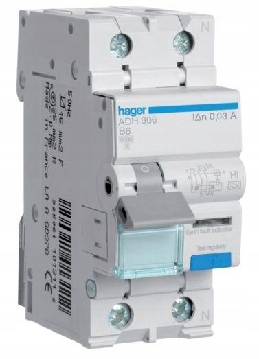 Krátkodobý proudový spínač s členem ADH916 16A B 30mA A 2po