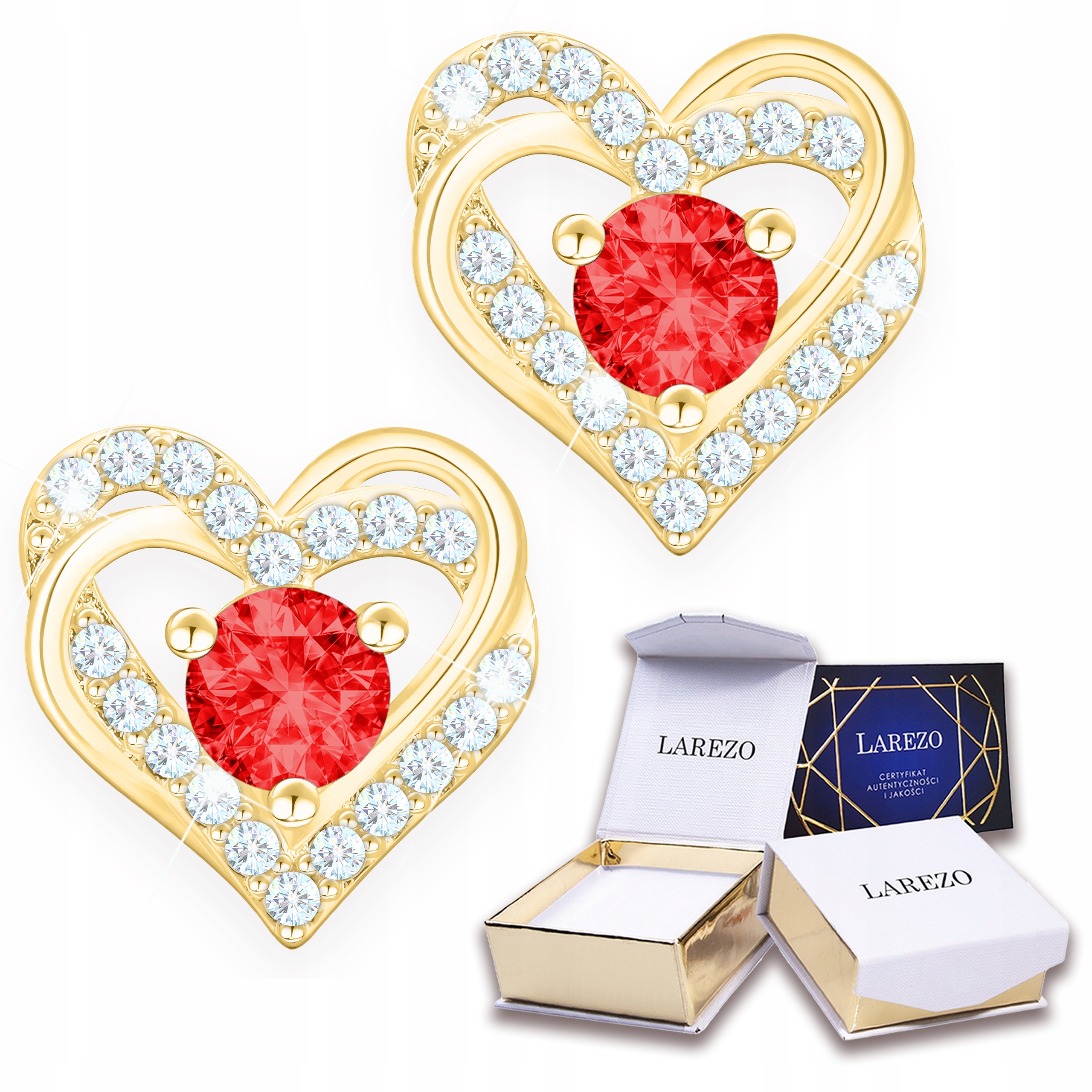 Zlaté Náušnice Srdíčka Pozlacené 585 Srdíčka Červené Zirkony Stříbro 925