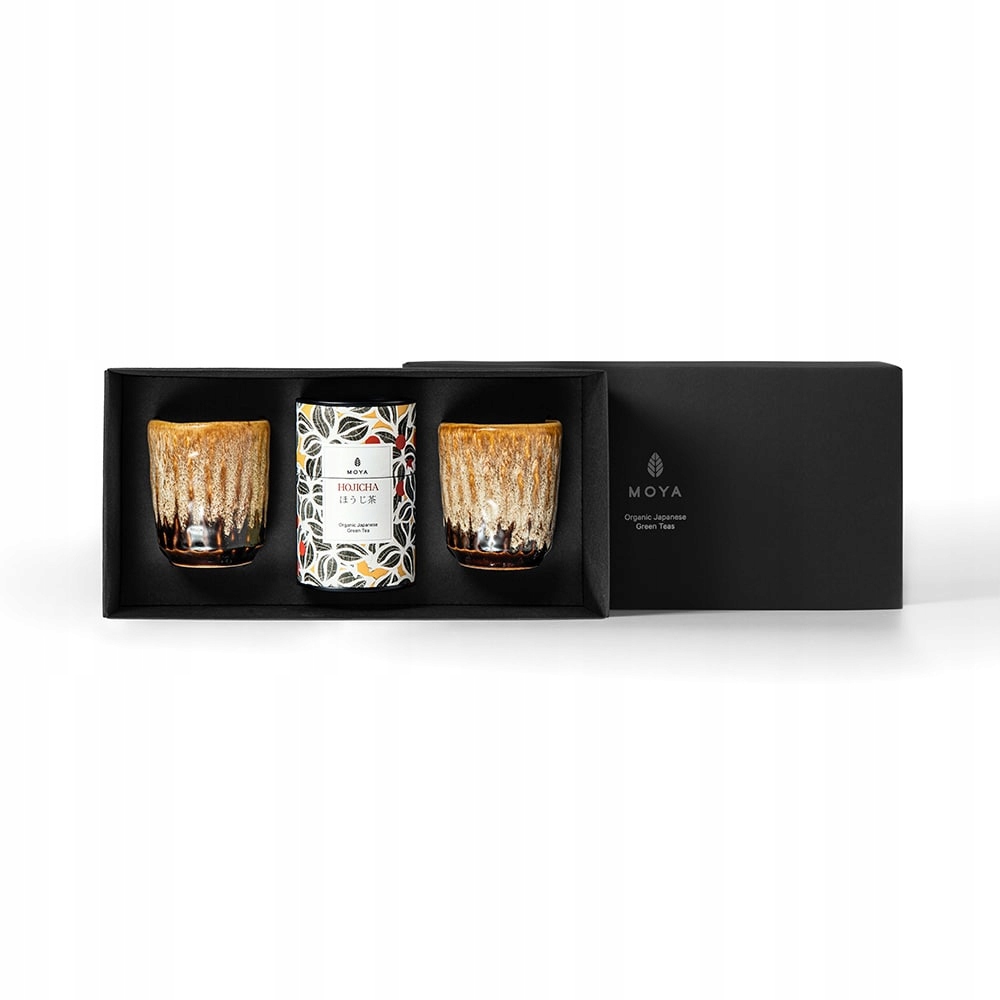 Dárková sada organického zelený čaj Moya Hojicha a 2 hrnků Kanpai