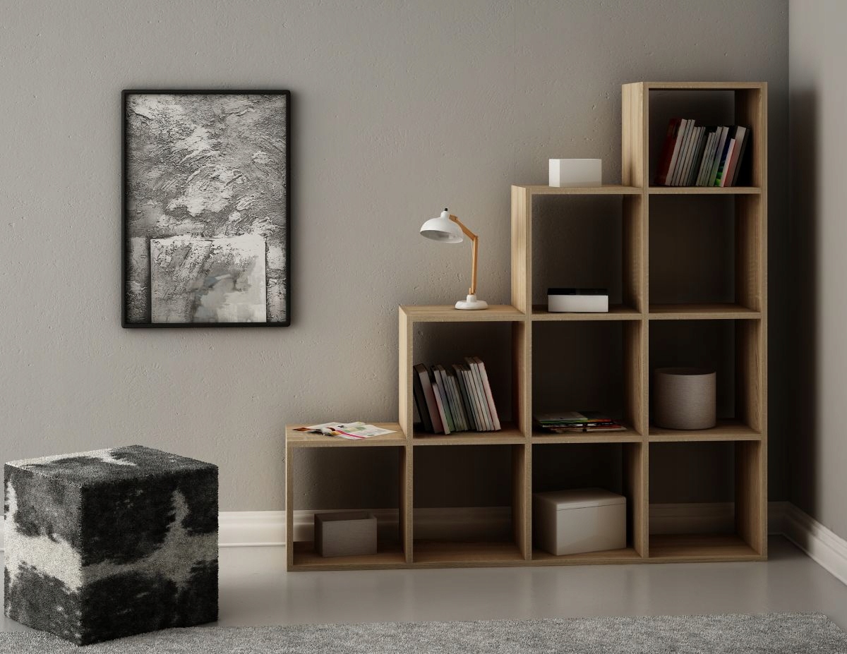 NOWOCZESNY REGAŁ SCHODKOWY NA KSIĄŻKI, ZABAWKI, BIAŁY, CZARNY, DĄB SONOMA