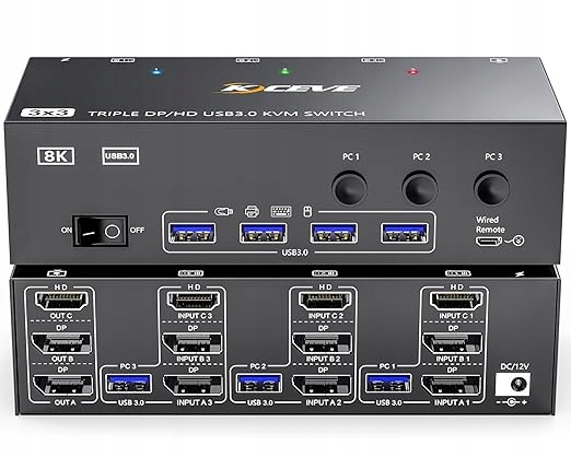 Przełącznik KVM 3 PC 3 Monitory 8K 60Hz 4K 144Hz MLEEDA HDMI 2 Displayport