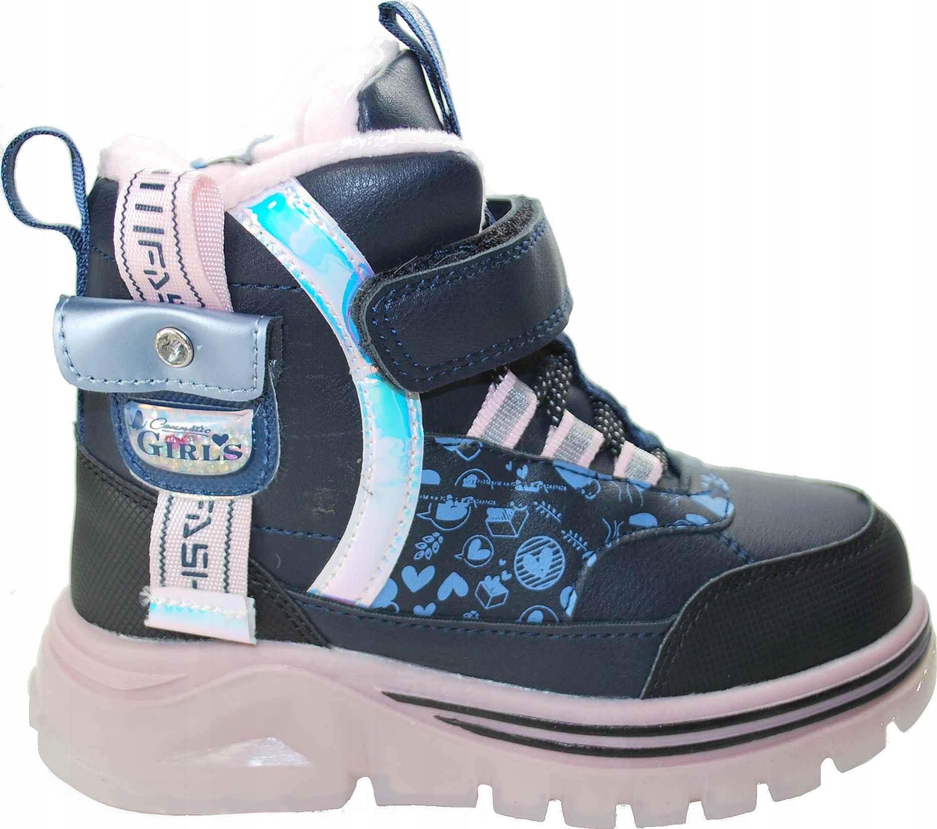 Granatowe ocieplane naturalnym futrem kozaki dla dziewczynki zima rzep 32