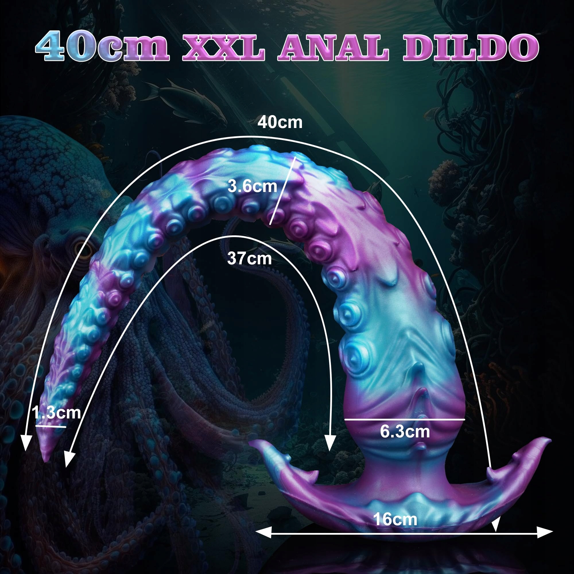 XXL Fantasy Dildo Tentakel Lila Turkus 40cm Tekstura Ośmiornicy — miniatura 2