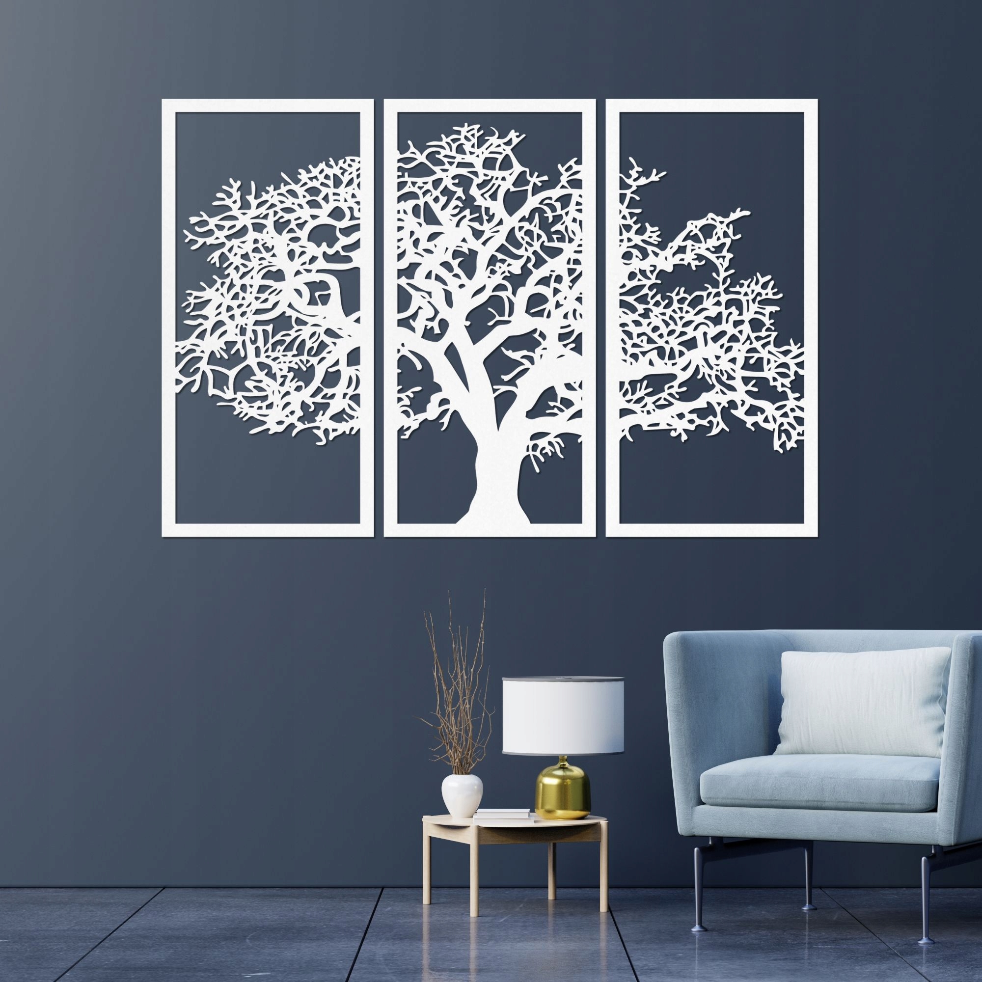 Viacdielna drevená dekorácia strom, Obraz na stenu, 165 x 100 cm Biela